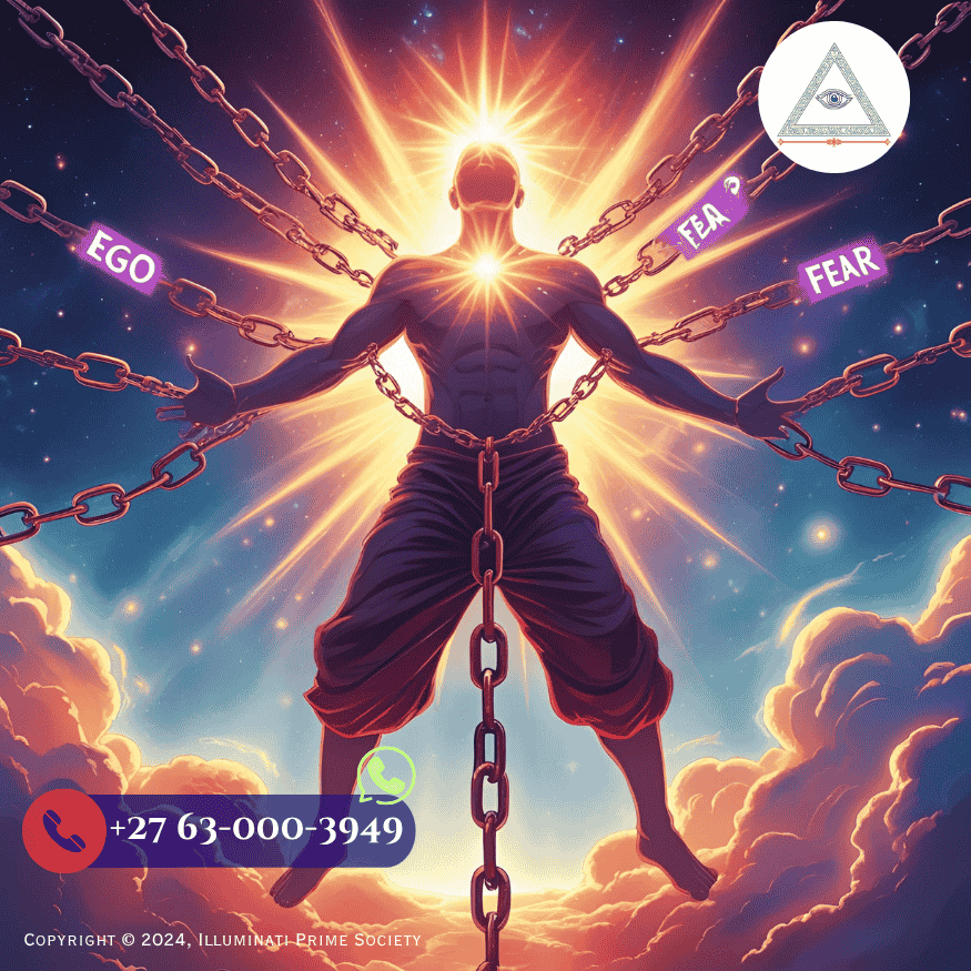 A radiant soul silhouette breaking free from chains labeled “ego” and “fear,” symbolizing spiritual liberation through initiation. (1)