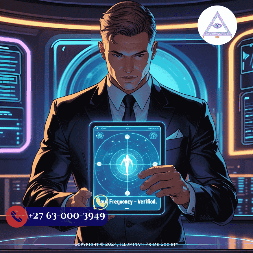 Agent Alexander Sterling reviewing vibrational data on a glowing tablet labeled “Soul Frequency – Verified.